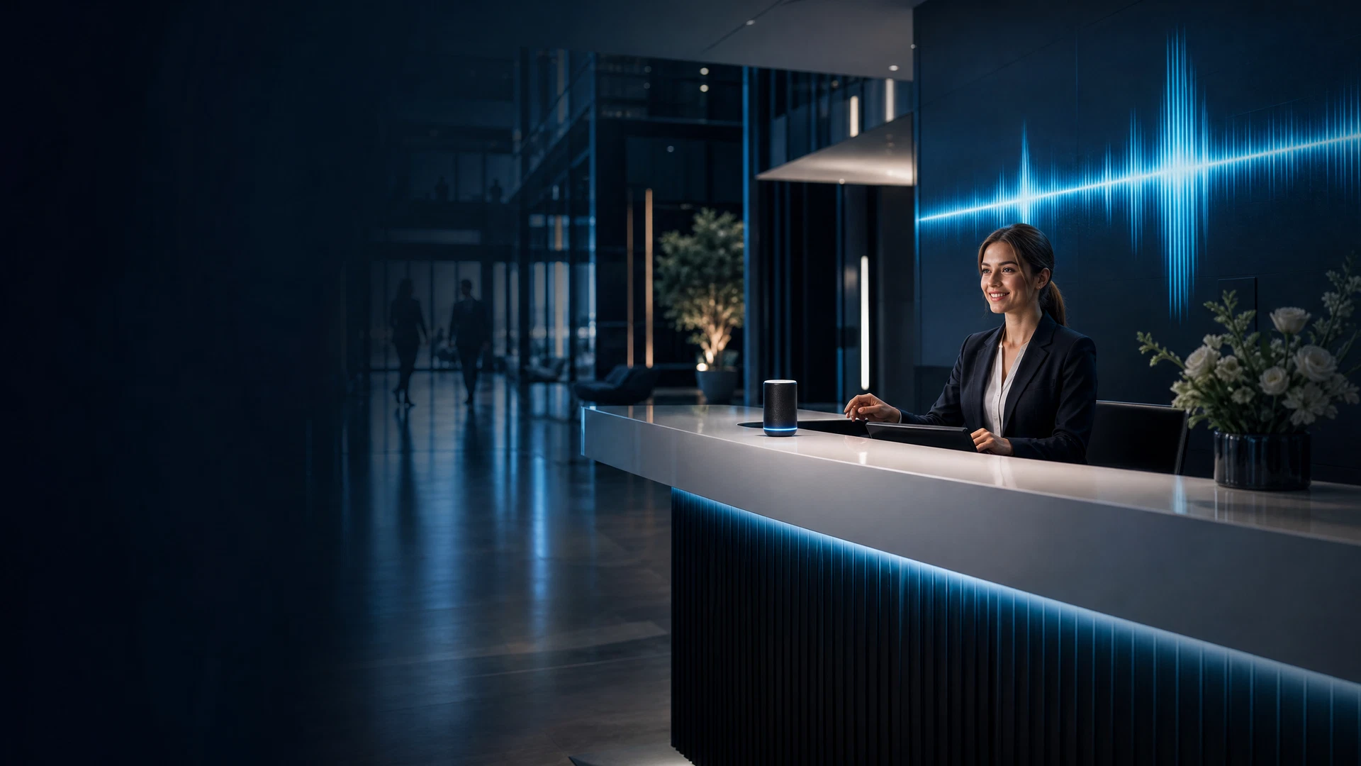 Moderner Büroempfang mit intelligenter Sprachsteuerung für Nia FrontDesk