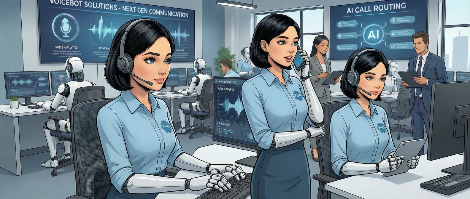 KI-Mitarbeiterinnen im modernen Call-Center mit Voicebot Solutions